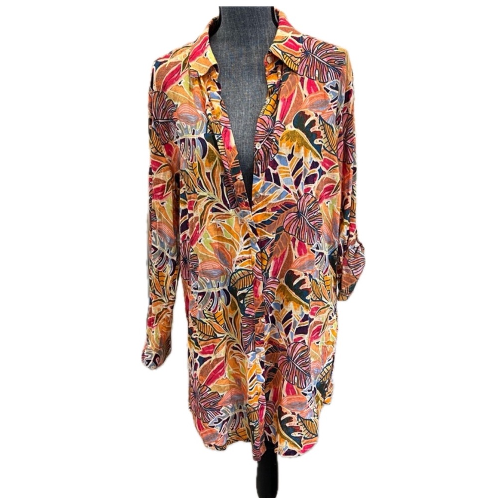 Vibrant Tropical Print Button-Up Swim Cover Up